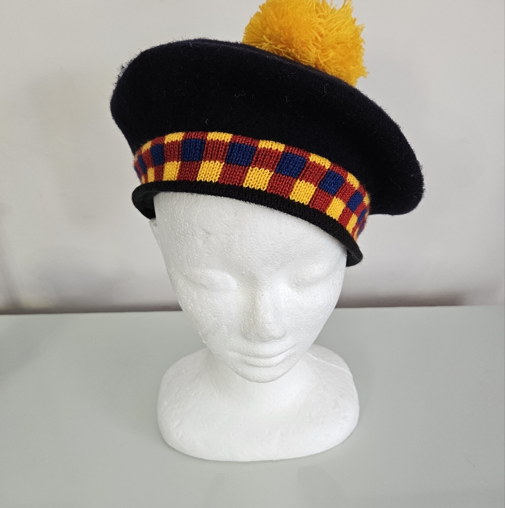 Vintage Black Wool Tam Beret with Yellow Pom Pom